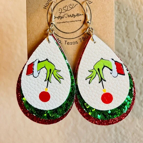 Triple Layers Grinch Hands Faux Leather Women’s Earrings - Picture 6 of 6